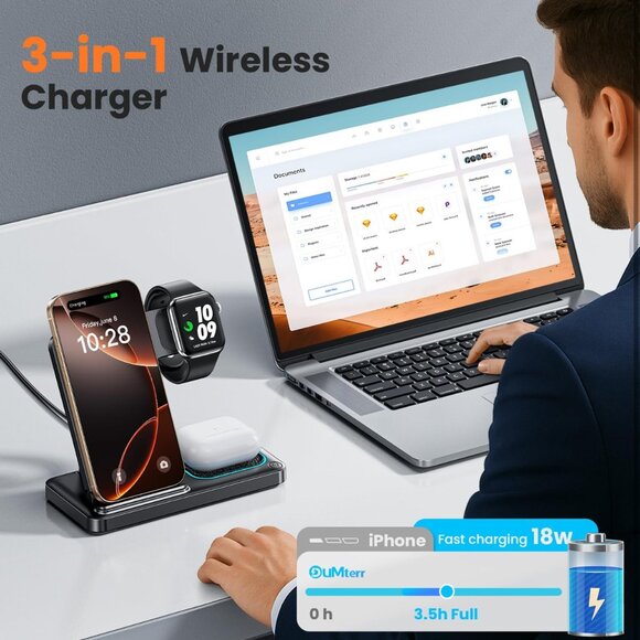 3 in 1 Wireless Charger for iphone 16 15 14 13 12  11 XR 8, Apple Charging Stati - Picture 3 of 7
